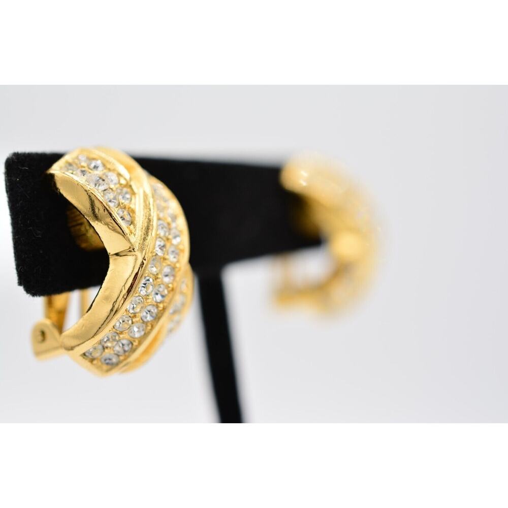 Christian Dior Vintage Clip On Earrings X Rhinestone Crystal Gold Signed BinAO - Picture 4 of 13